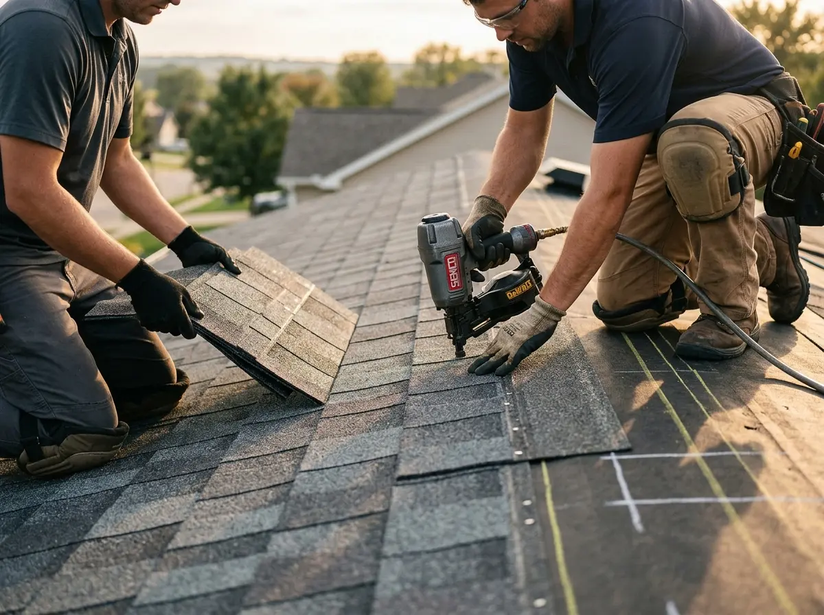 Professional roofer working on a residential roof in Marlton